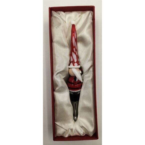 Hand Blown Glass Santa Claus Wine Bottle Stopper Red Polka Dot Hat & Gift Box - Picture 5 of 5